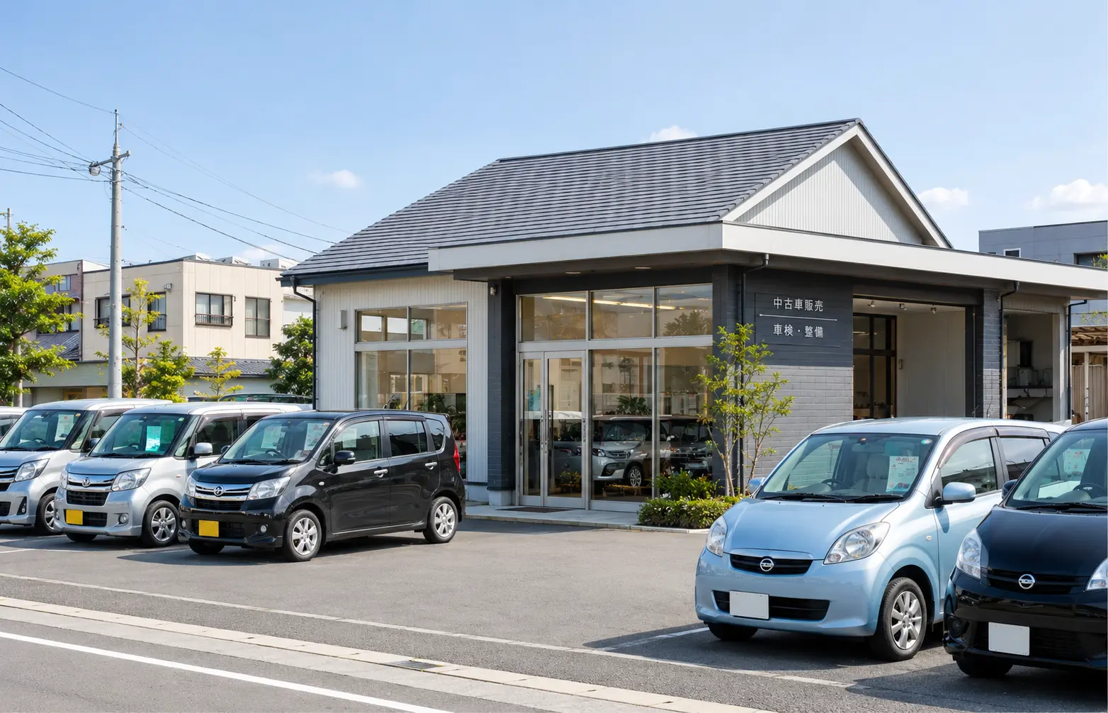 中古車販売会社でスタッフが商談しているイメージ